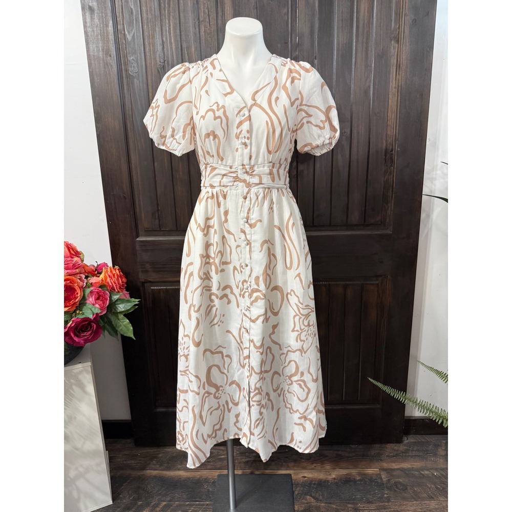 Ador Womens XS Cream Tan Abstract Floral Puff Sleeve Button Front Midi Dress